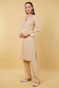 Kashmiri Aari embroidery Cotton Co-ord set Size-36 (Beige)