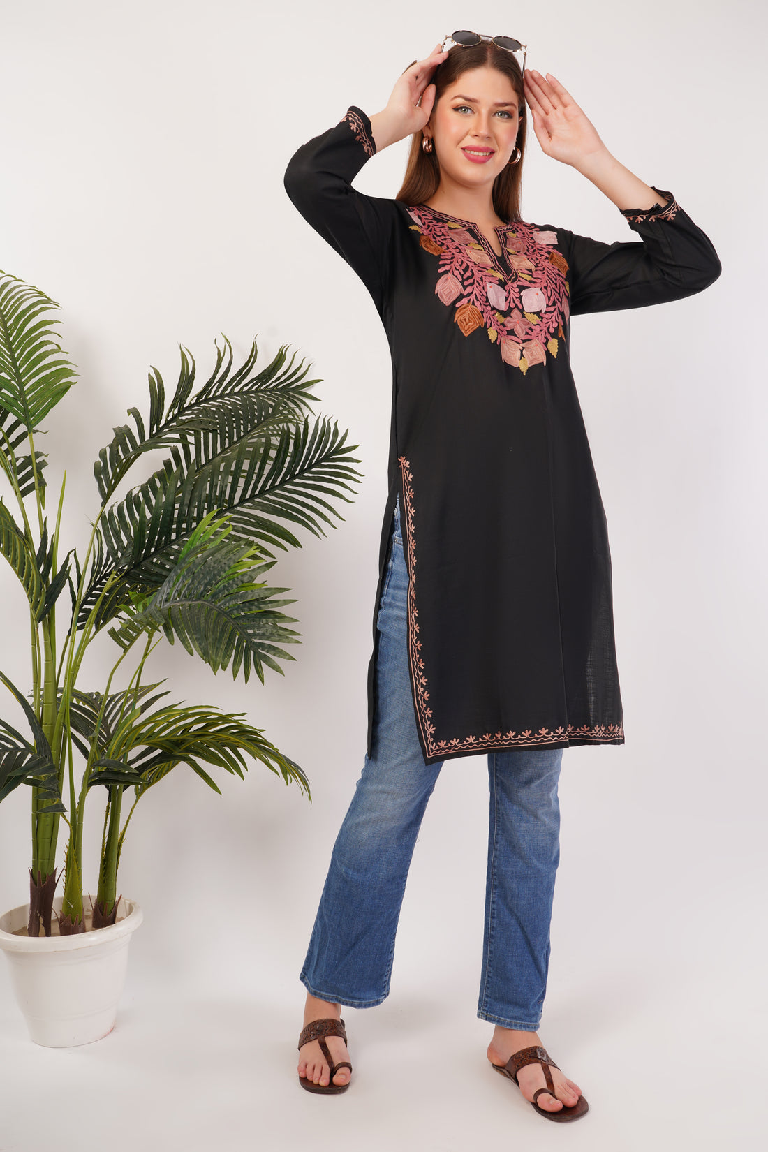 Kashmiri Aari embroidery Cotton Long Kurti Size-42 (Black)