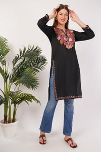 Kashmiri Aari embroidery Cotton Long Kurti Size-42 (Black)