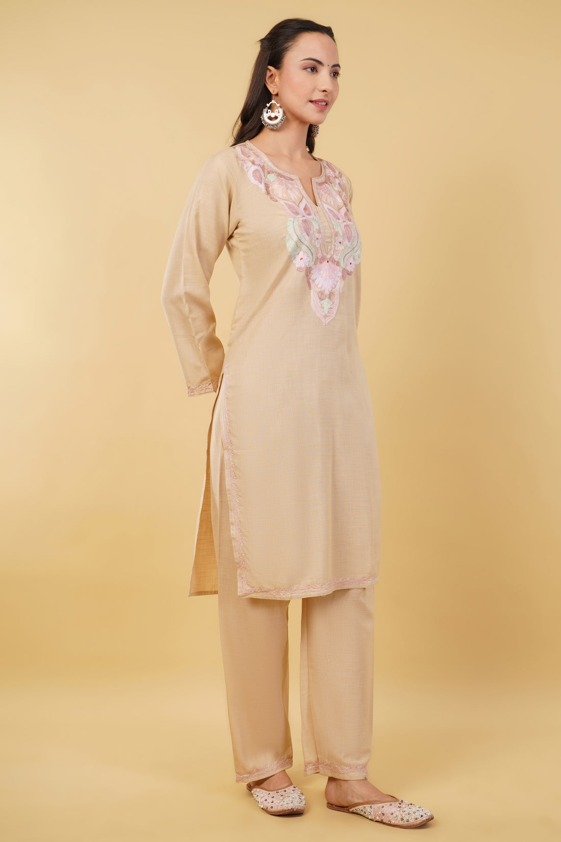 Kashmiri Aari embroidery Cotton Co-ord set Size-36 (Beige)