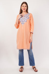 Kashmiri Aari embroidery Cotton Long Kurti Size-42 (Peach)