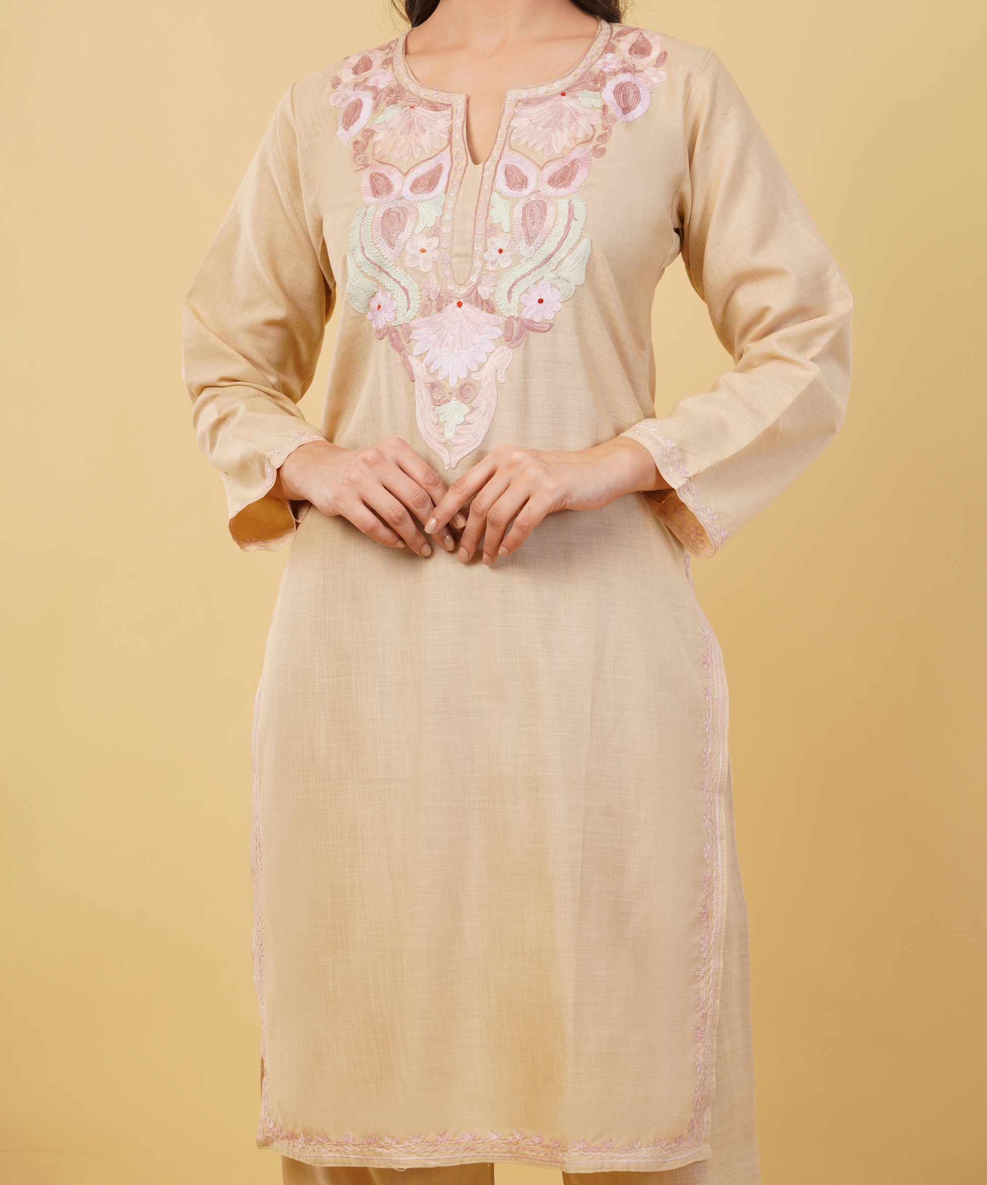 Kashmiri Aari embroidery Cotton Co-ord set Size-36 (Beige)
