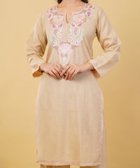 Kashmiri Aari embroidery Cotton Co-ord set Size-36 (Beige)