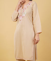 Kashmiri Aari embroidery Cotton Co-ord set Size-36 (Beige)