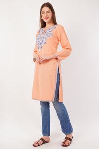 Kashmiri Aari embroidery Cotton Long Kurti Size-42 (Peach)
