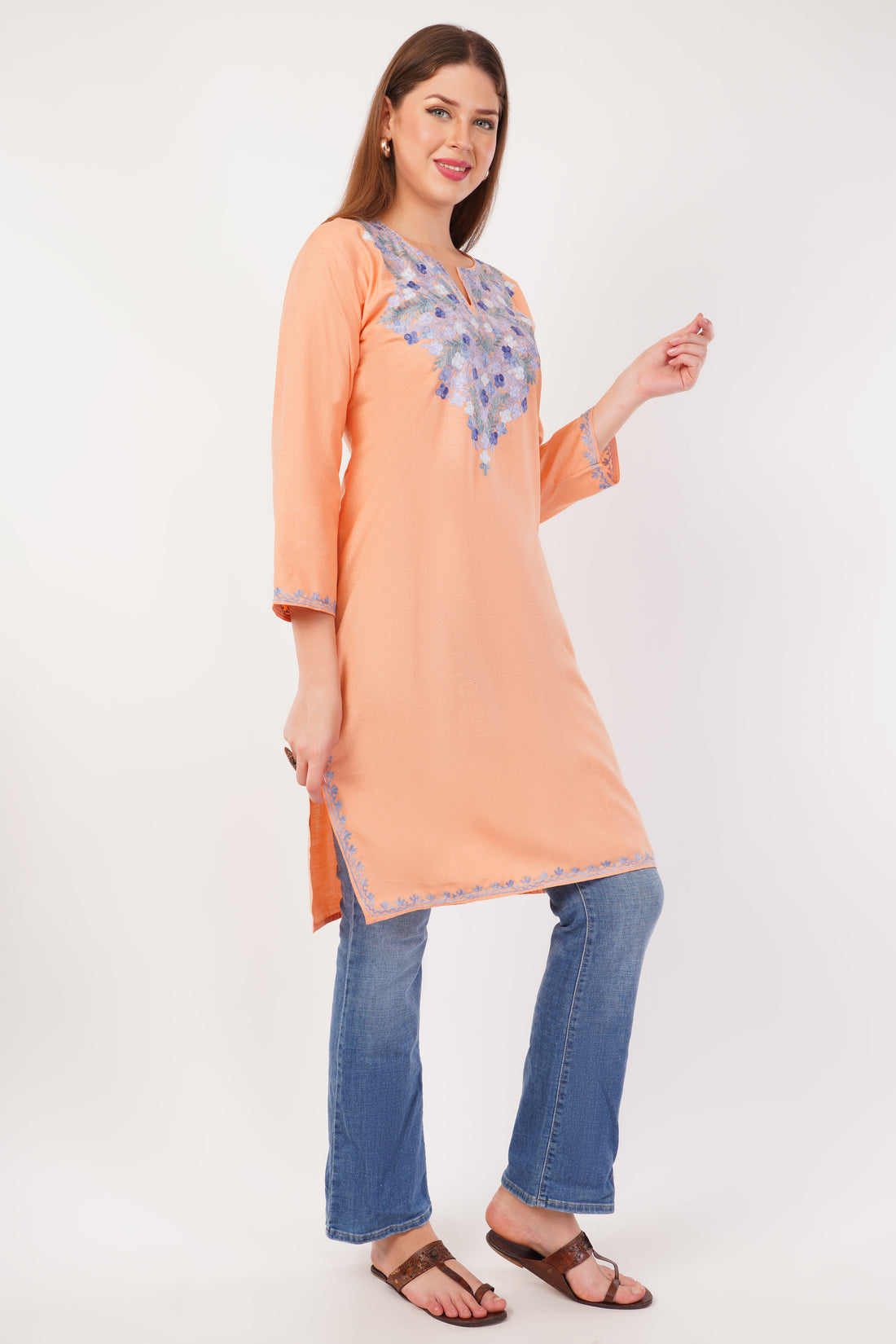 Kashmiri Aari embroidery Cotton Long Kurti Size-42 (Peach)