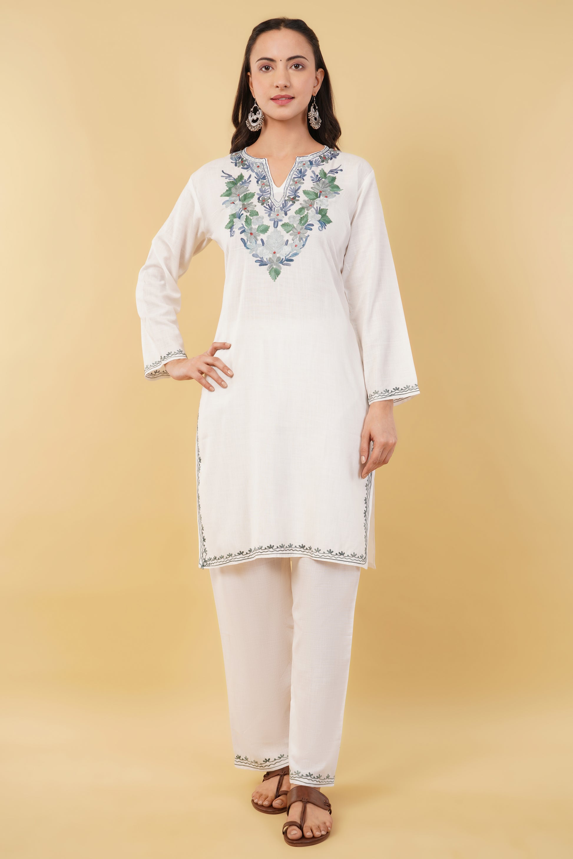 Kashmiri Aari embroidery Cotton Co-ord set Size-36 (White)