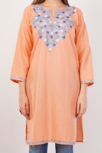 Kashmiri Aari embroidery Cotton Long Kurti Size-42 (Peach)