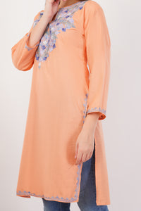 Kashmiri Aari embroidery Cotton Long Kurti Size-42 (Peach)