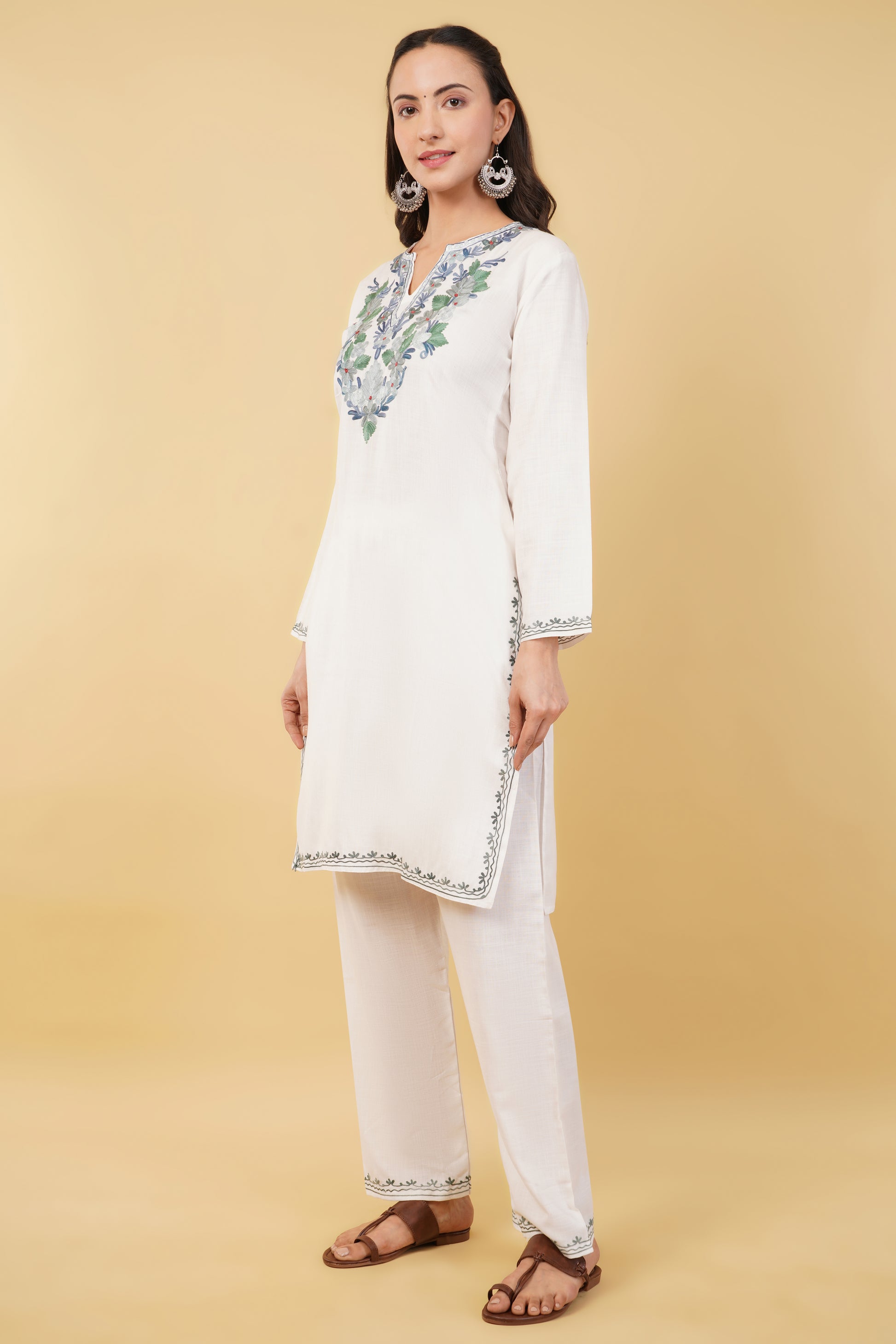 Kashmiri Aari embroidery Cotton Co-ord set Size-36 (White)