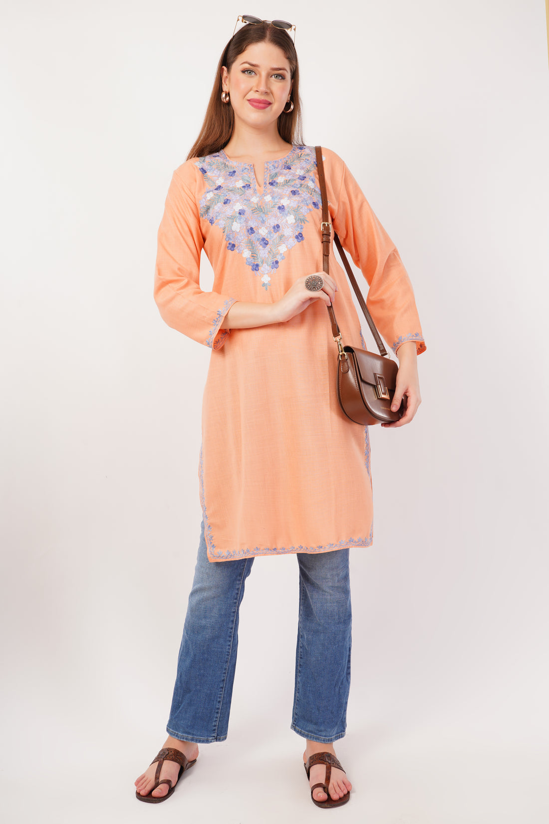 Kashmiri Aari embroidery Cotton Long Kurti Size-42 (Peach)