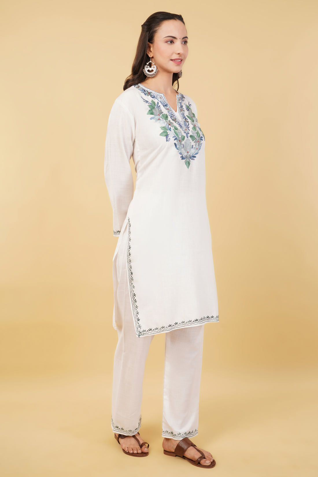 Kashmiri Aari embroidery Cotton Co-ord set Size-36 (White)
