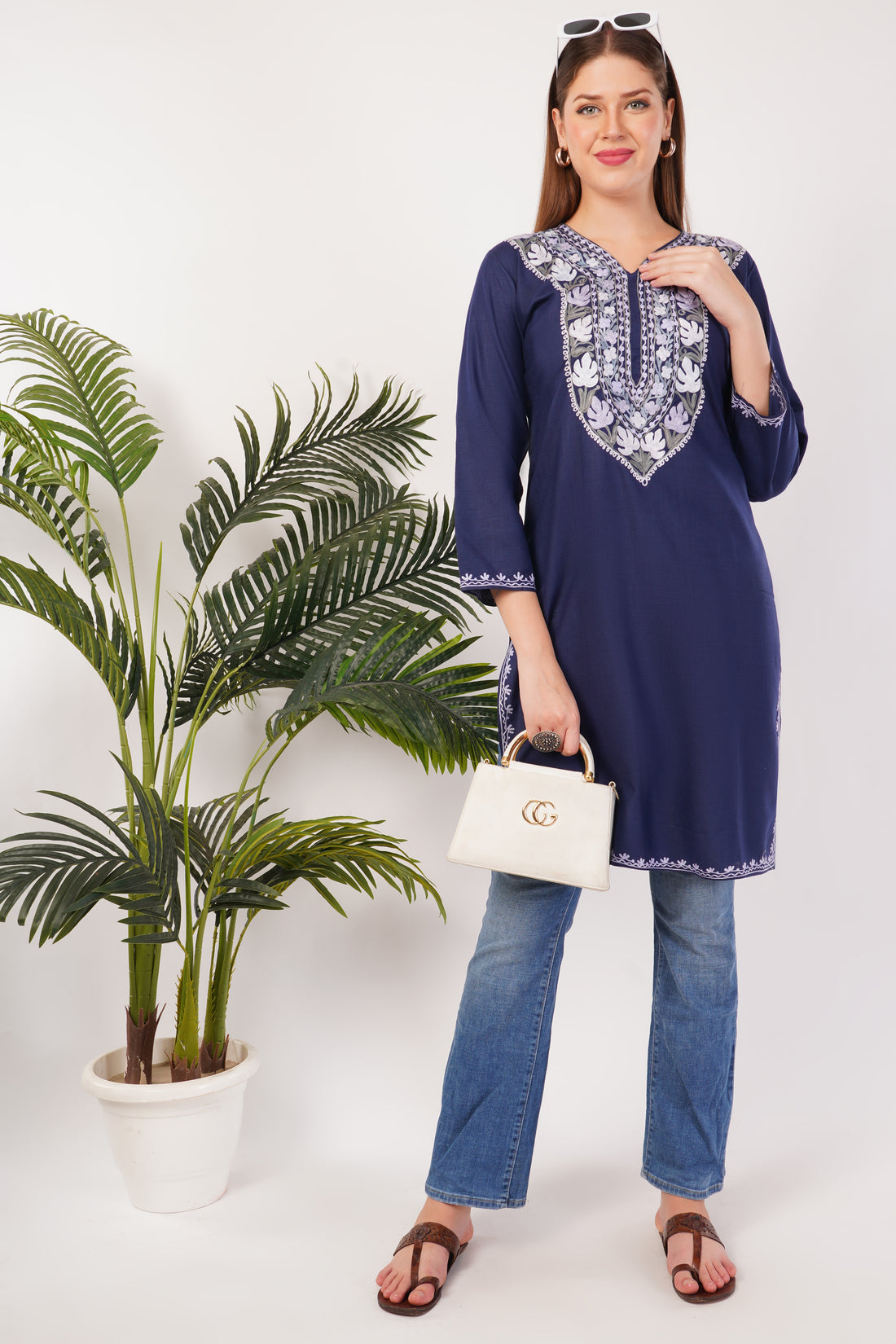 Kashmiri Aari embroidery Cotton Long Kurti Size-42 ( Navy Blue)