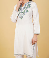 Kashmiri Aari embroidery Cotton Co-ord set Size-36 (White)