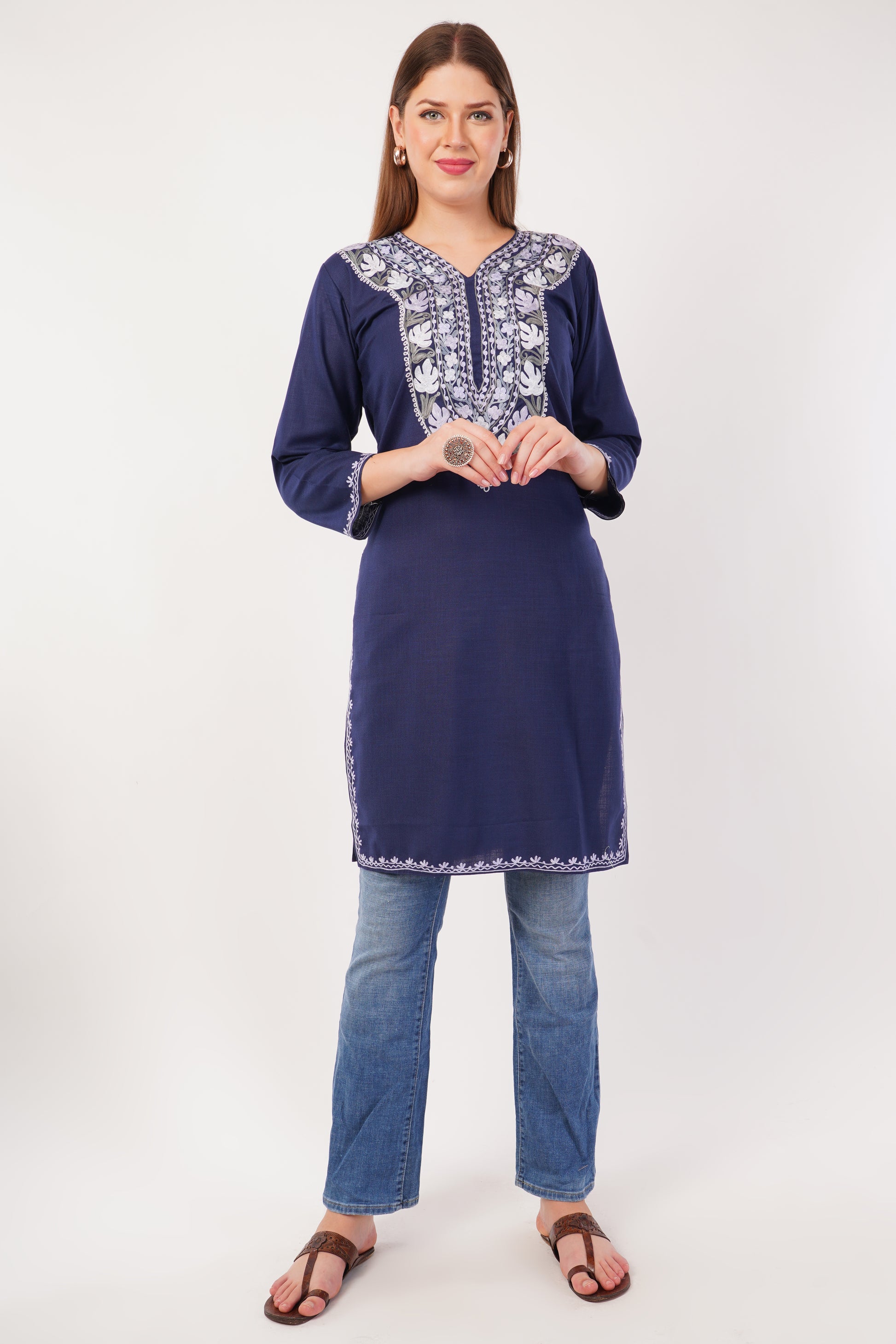 Kashmiri Aari embroidery Cotton Long Kurti Size-42 ( Navy Blue)