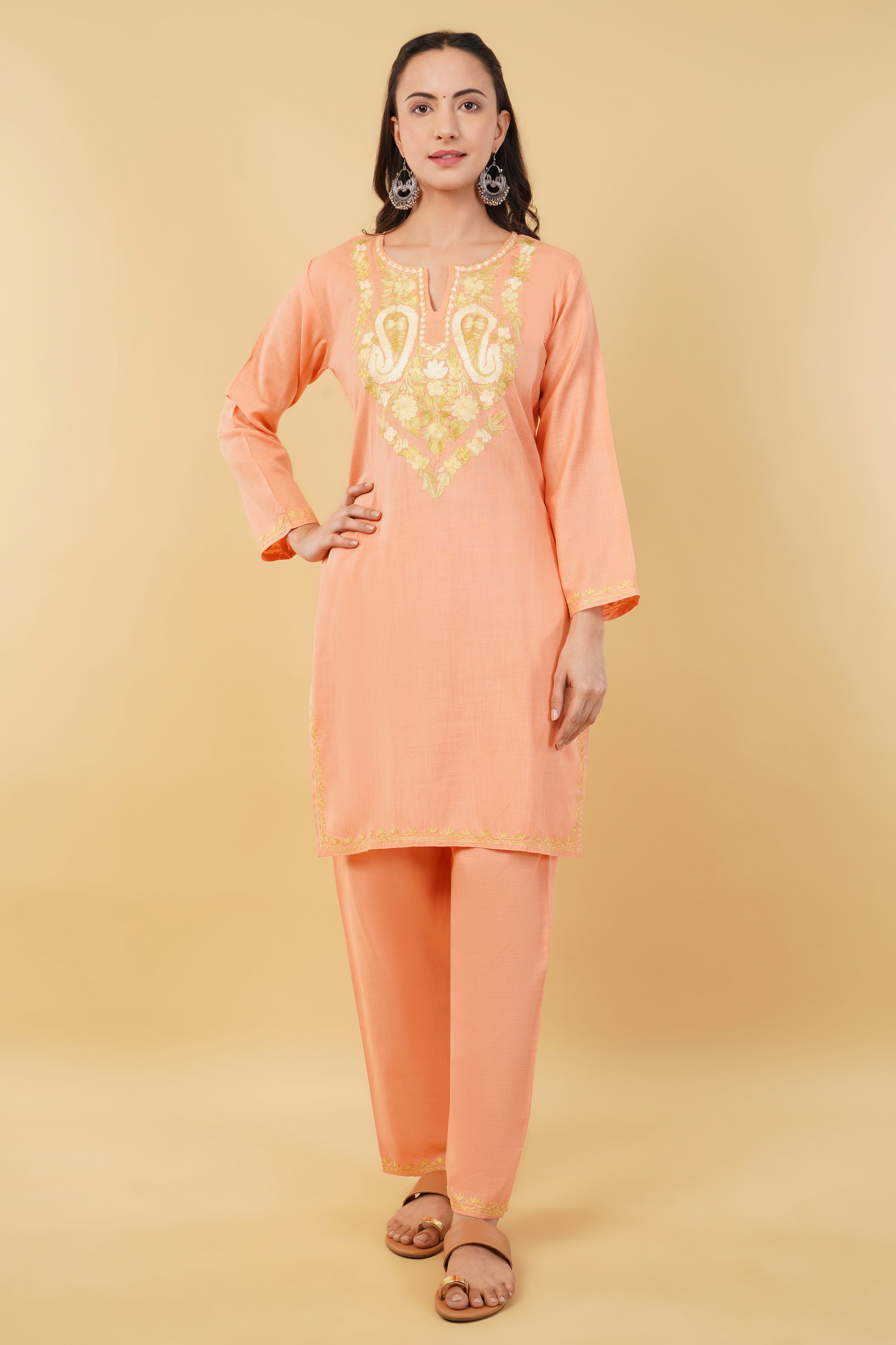 Kashmiri Aari embroidery Cotton Co-ord set Size-36 (Peach)