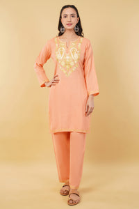 Kashmiri Aari embroidery Cotton Co-ord set Size-36 (Peach)