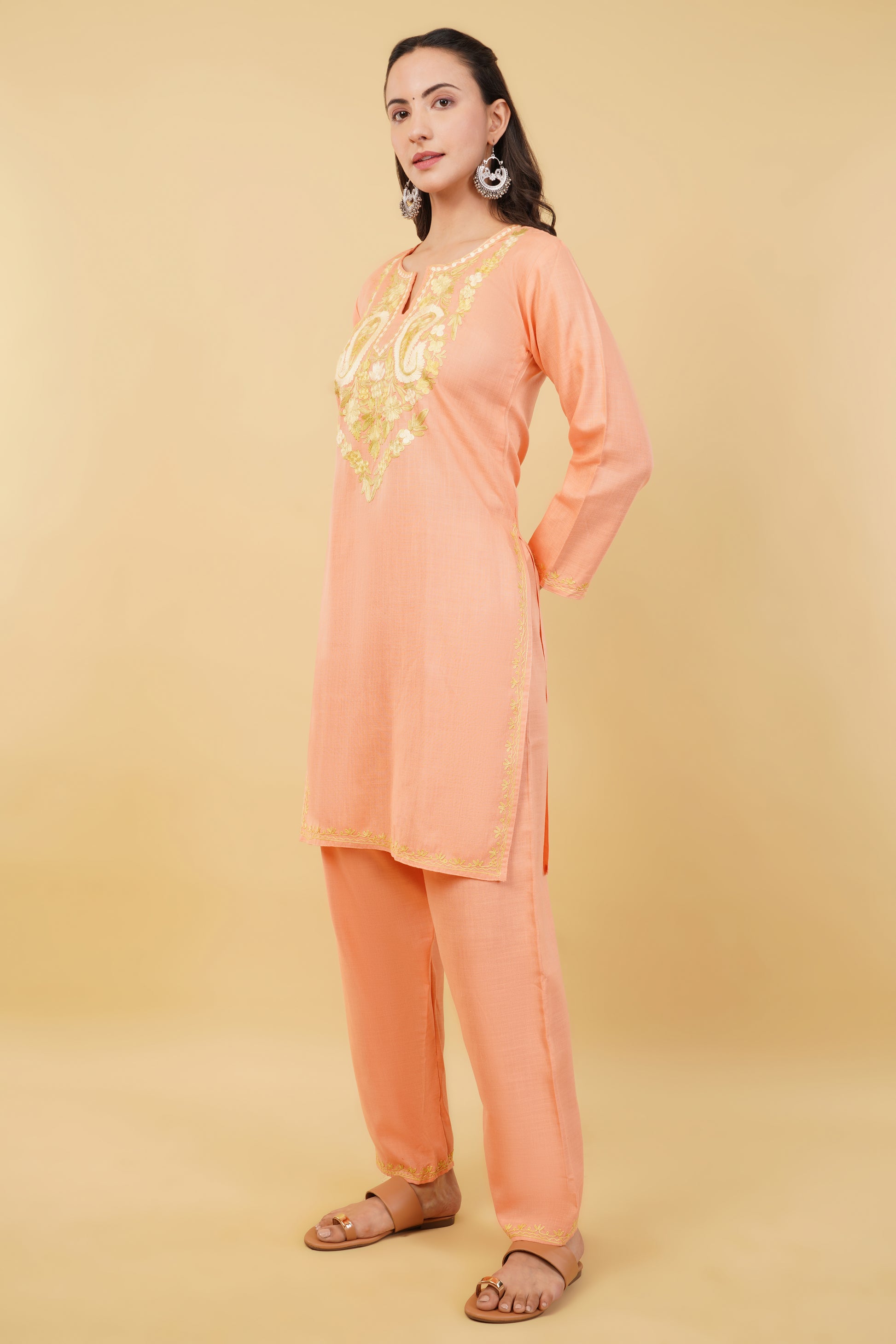 Kashmiri Aari embroidery Cotton Co-ord set Size-36 (Peach)