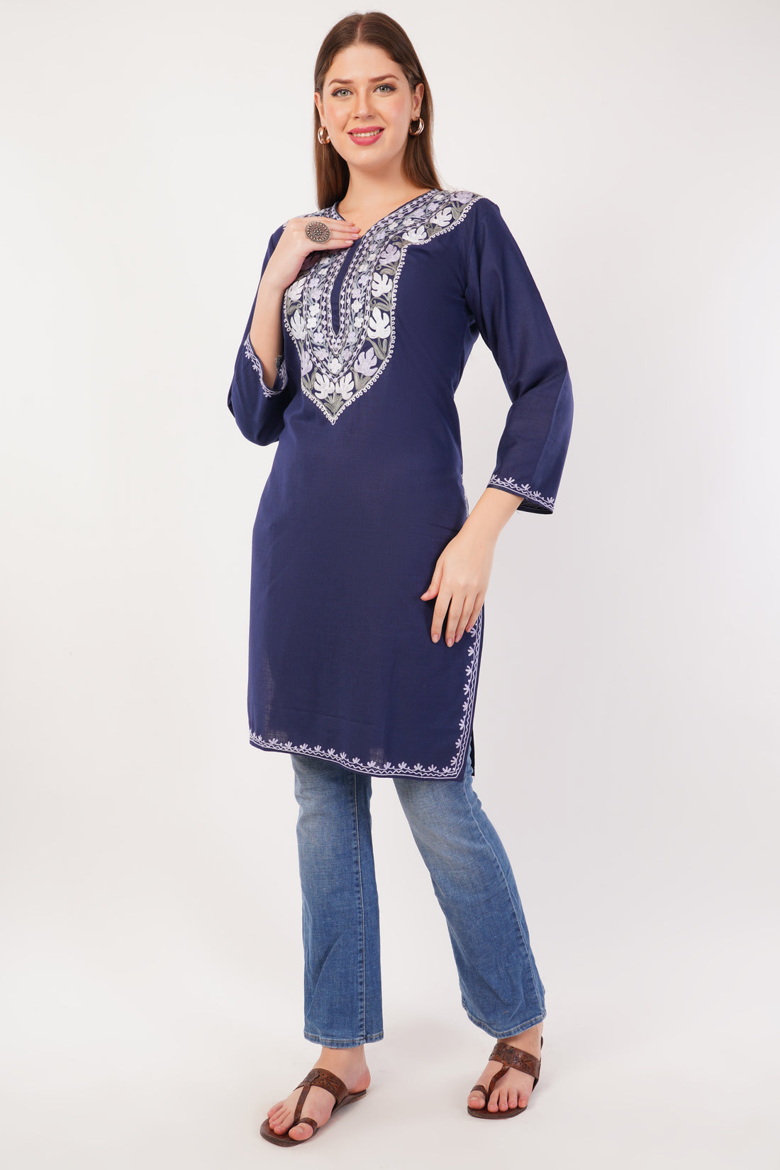 Kashmiri Aari embroidery Cotton Long Kurti Size-42 ( Navy Blue)