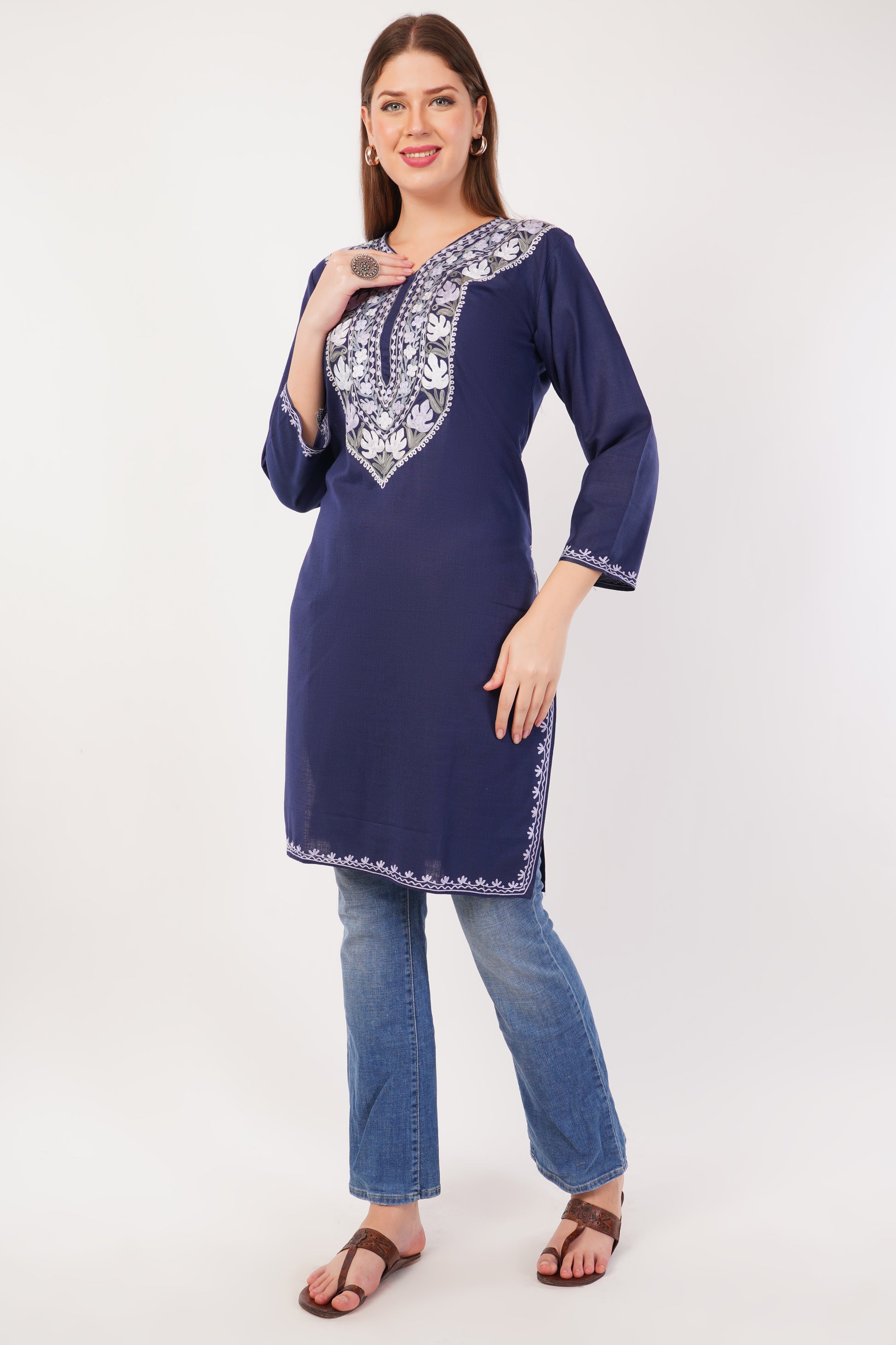 Kashmiri Aari embroidery Cotton Long Kurti Size-42 ( Navy Blue)