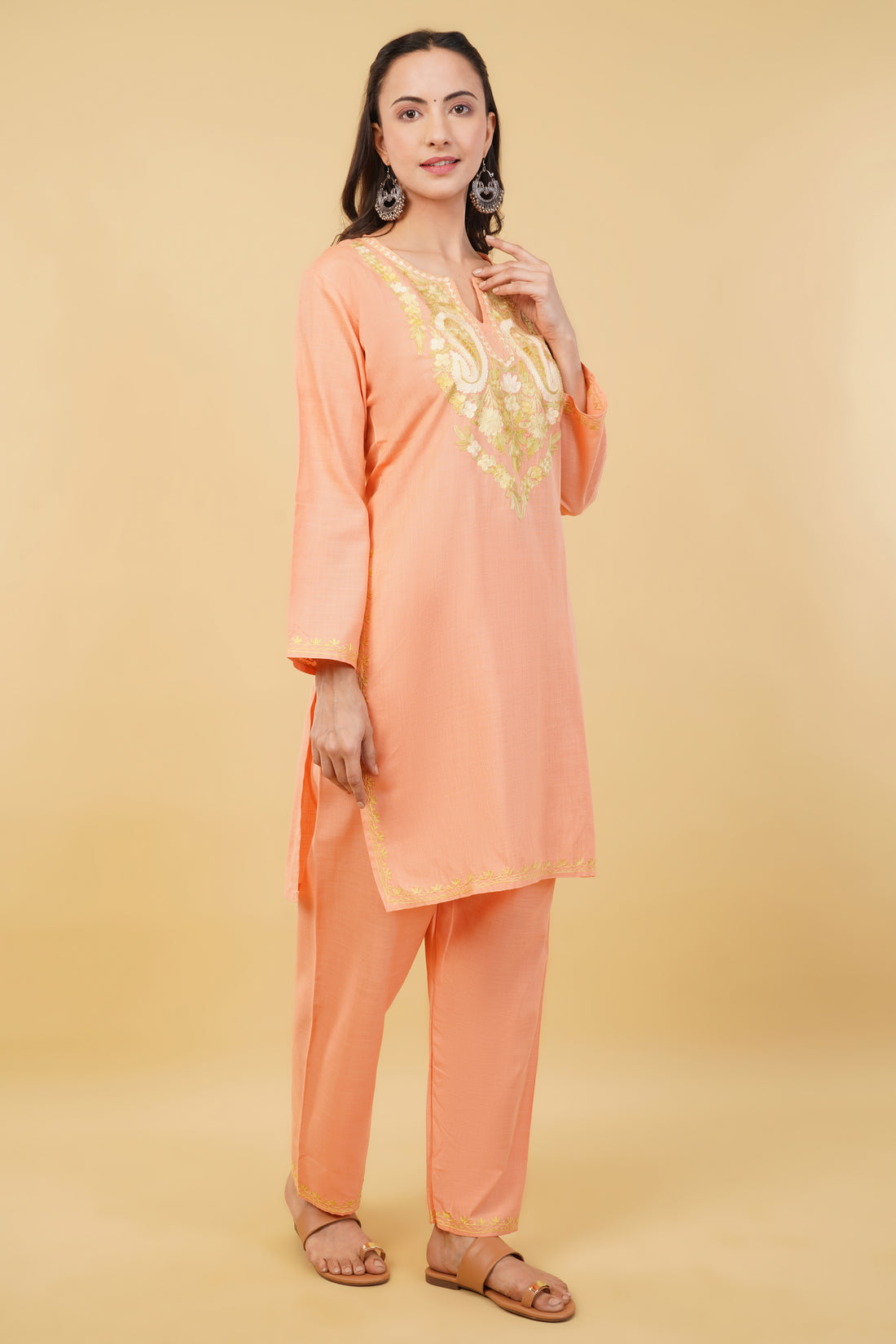 Kashmiri Aari embroidery Cotton Co-ord set Size-36 (Peach)