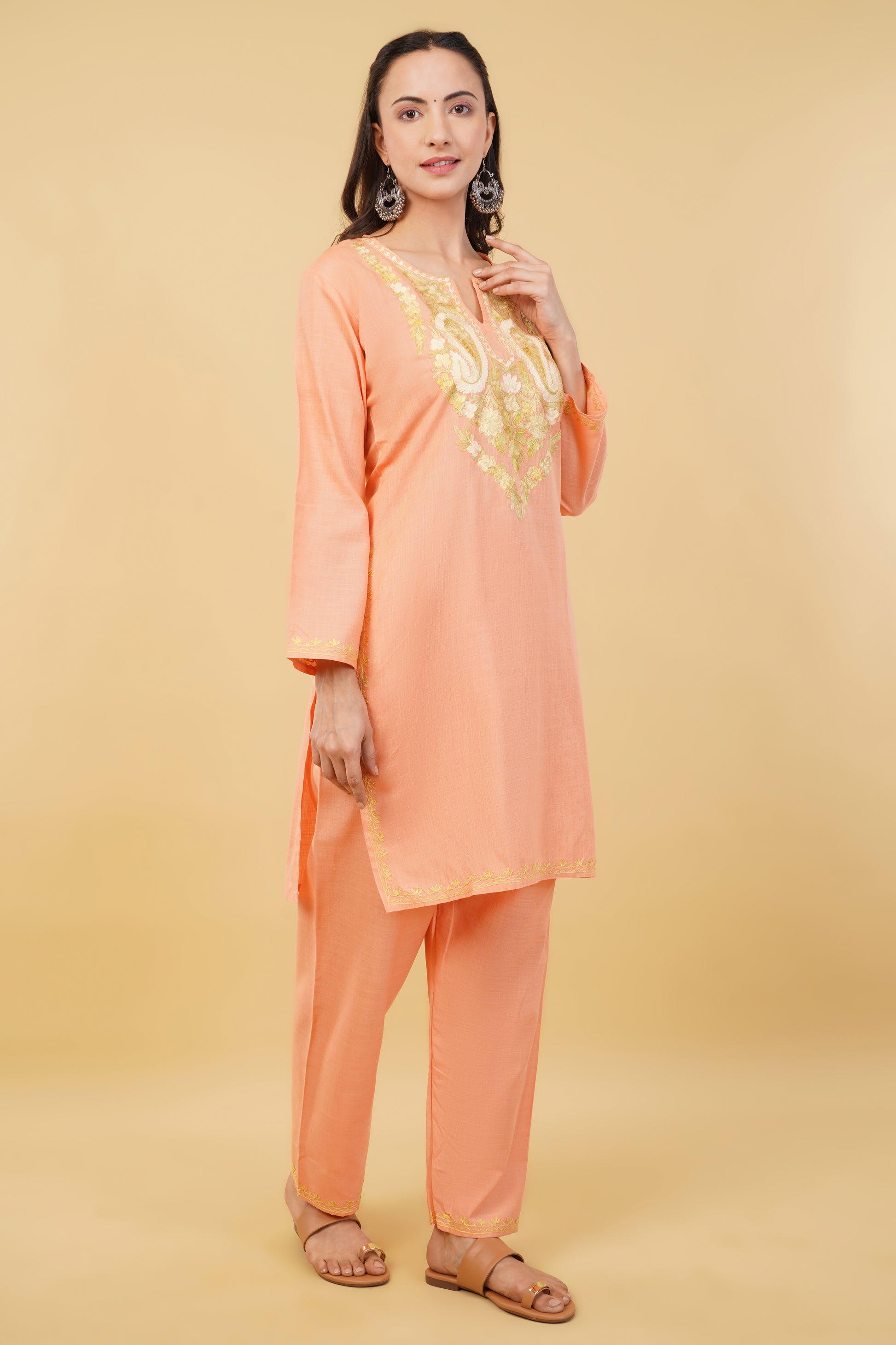 Kashmiri Aari embroidery Cotton Co-ord set Size-36 (Peach)