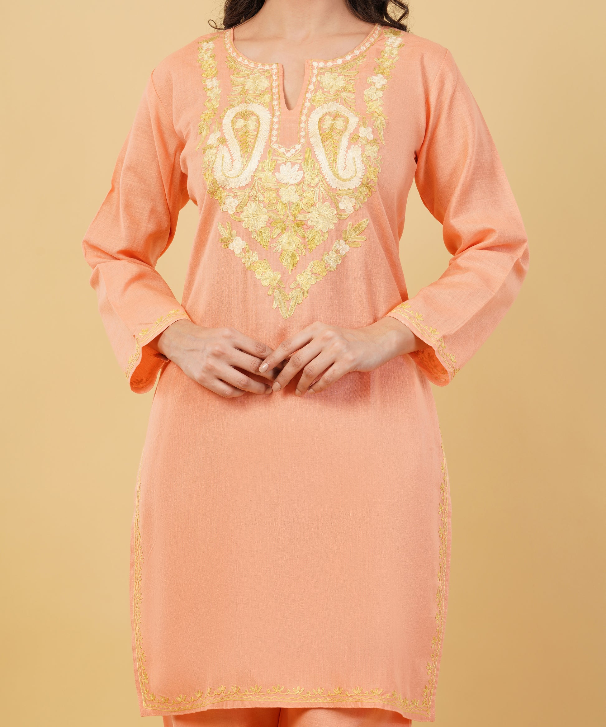 Kashmiri Aari embroidery Cotton Co-ord set Size-36 (Peach)