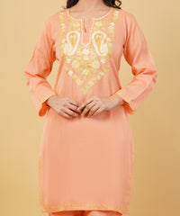 Kashmiri Aari embroidery Cotton Co-ord set Size-36 (Peach)