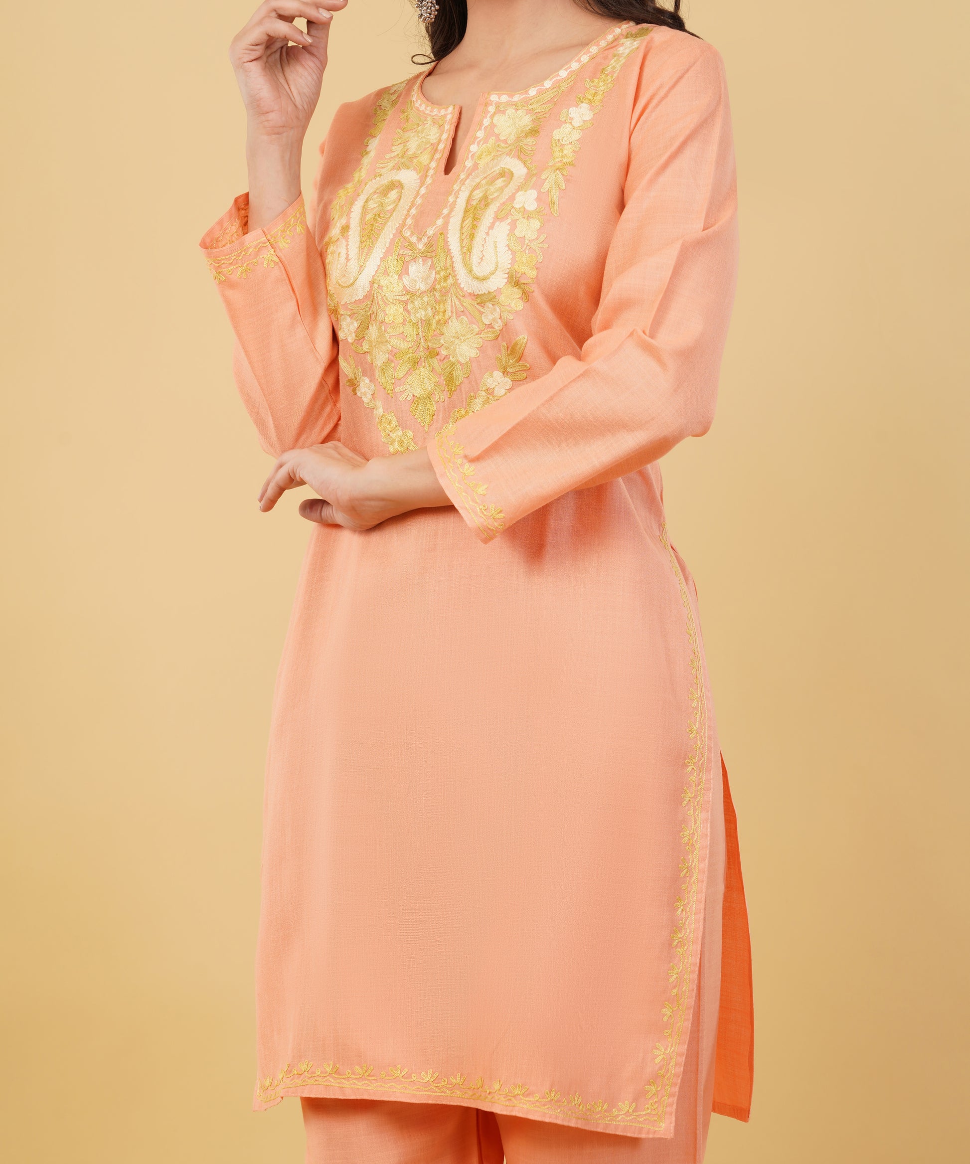 Kashmiri Aari embroidery Cotton Co-ord set Size-36 (Peach)