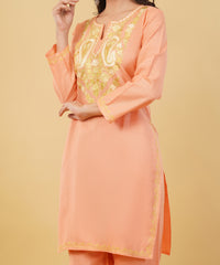 Kashmiri Aari embroidery Cotton Co-ord set Size-36 (Peach)