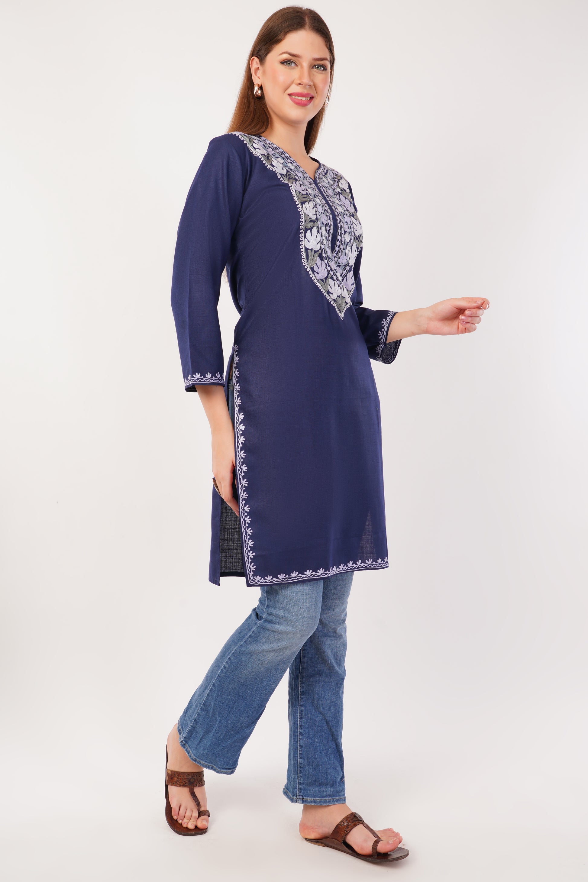 Kashmiri Aari embroidery Cotton Long Kurti Size-42 ( Navy Blue)