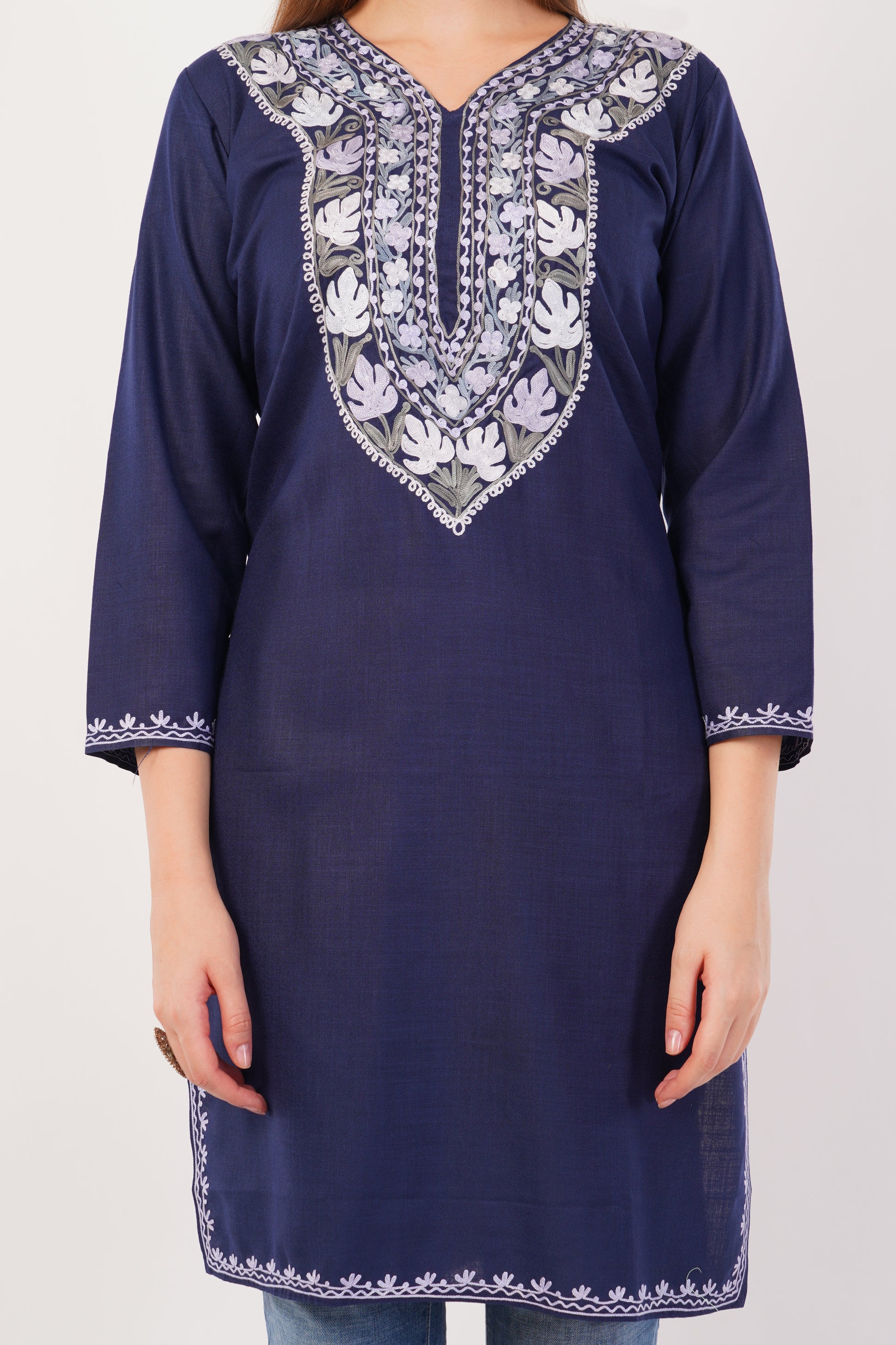 Kashmiri Aari embroidery Cotton Long Kurti Size-42 ( Navy Blue)