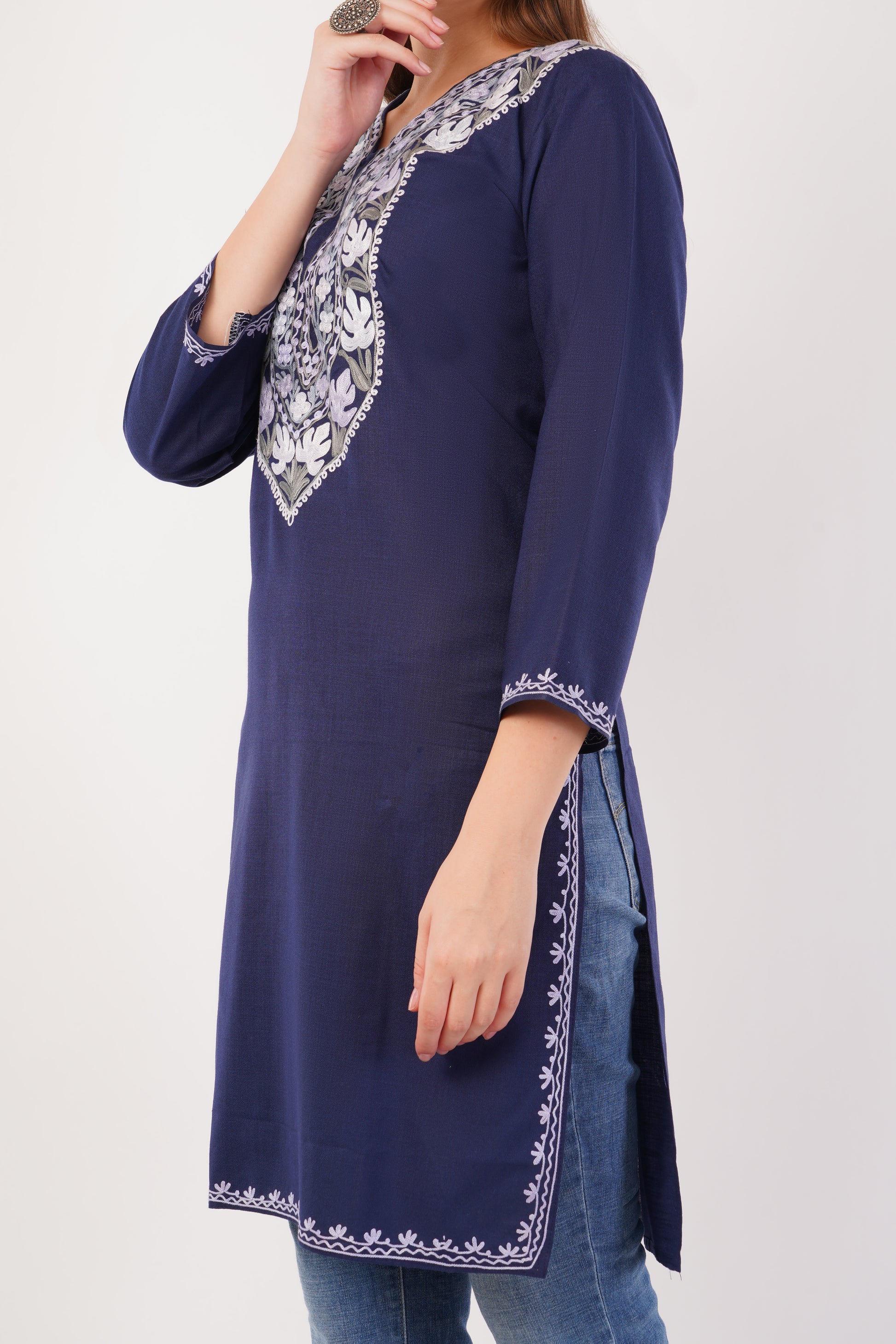 Kashmiri Aari embroidery Cotton Long Kurti Size-42 ( Navy Blue)