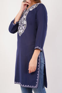 Kashmiri Aari embroidery Cotton Long Kurti Size-42 ( Navy Blue)