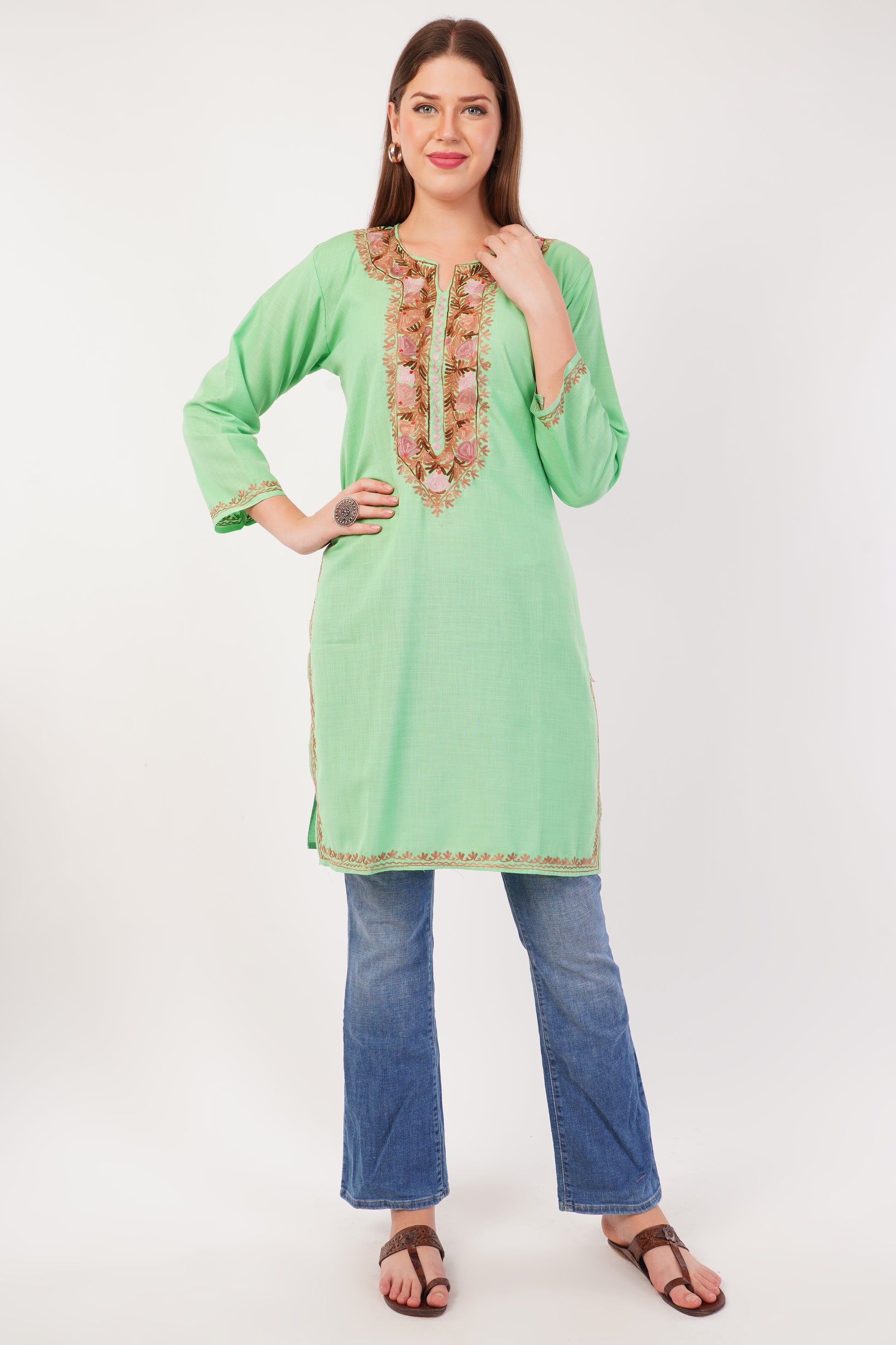 Kashmiri Aari embroidery Cotton Long Kurti Size-42 (Green)