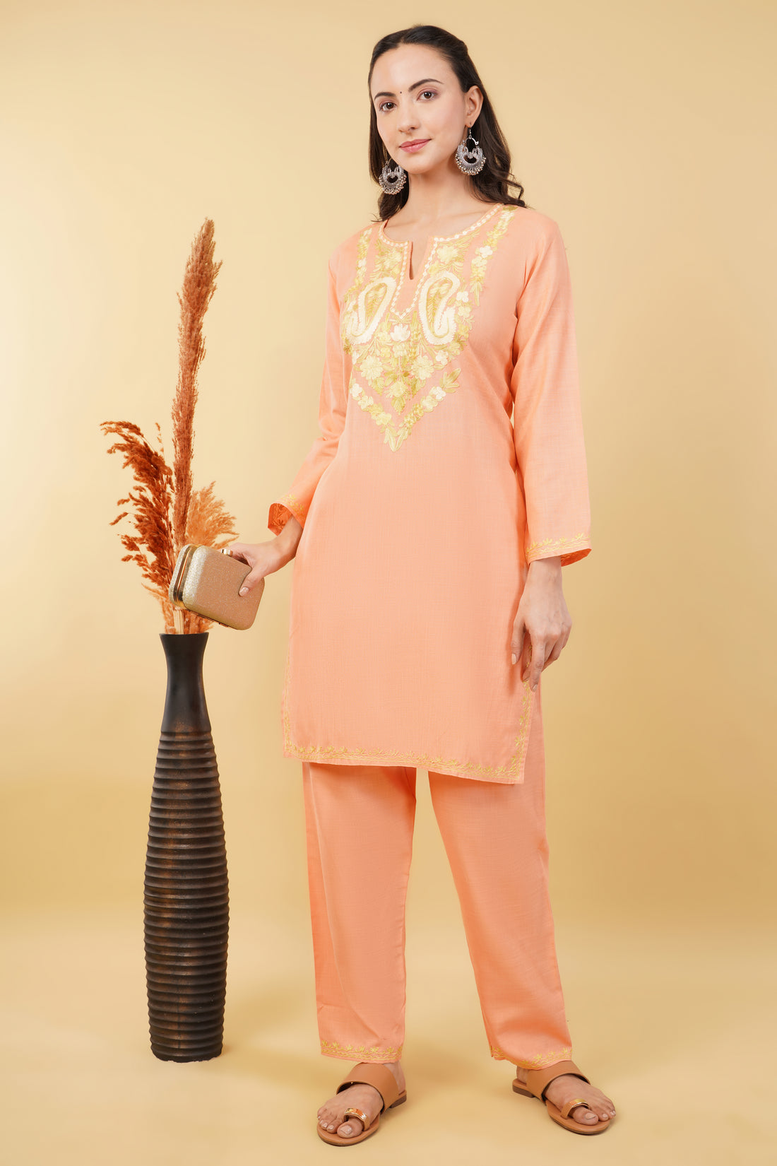 Kashmiri Aari embroidery Cotton Co-ord set Size-36 (Peach)