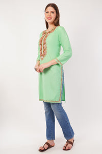 Kashmiri Aari embroidery Cotton Long Kurti Size-42 (Green)
