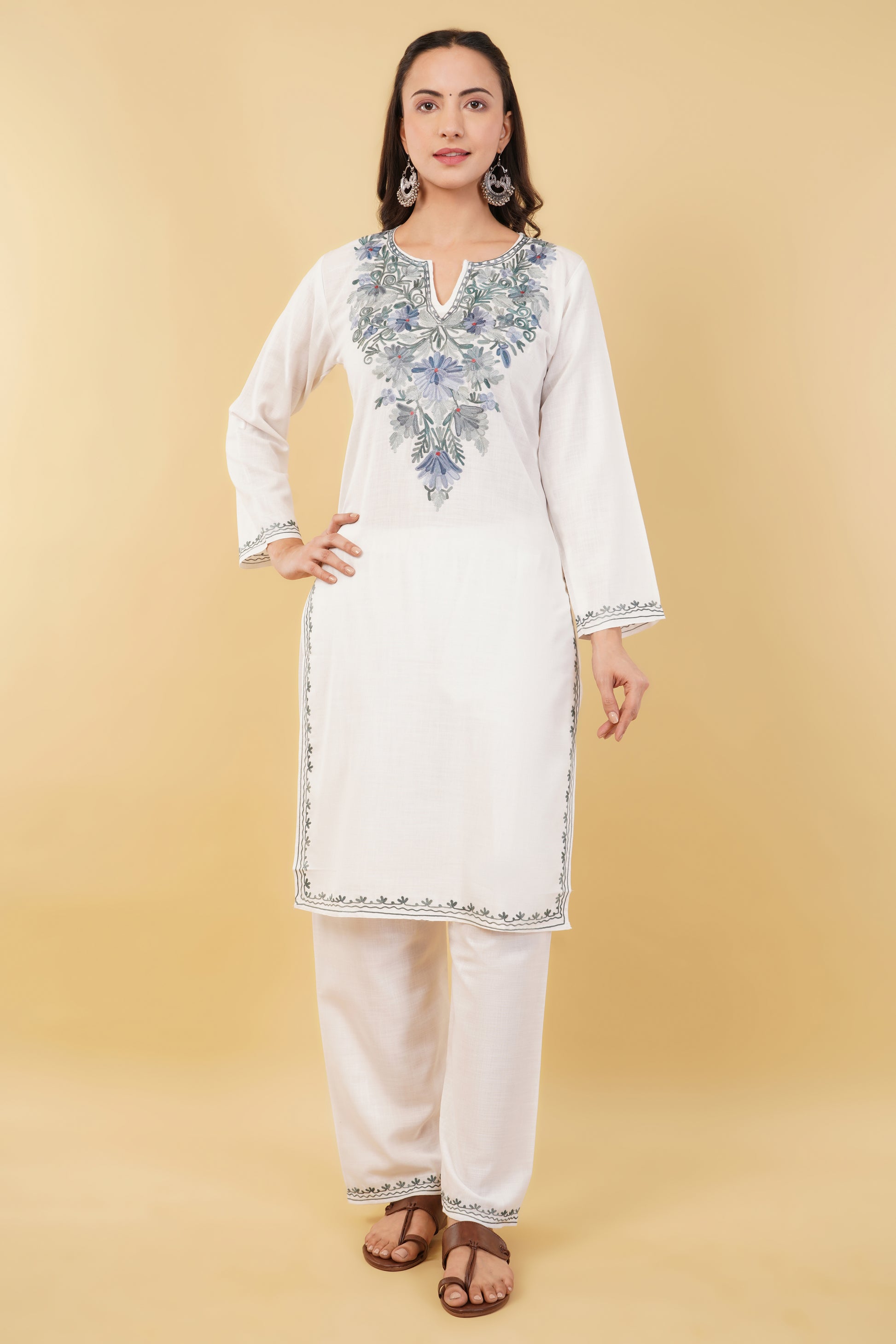 Kashmiri Aari embroidery Cotton Co-ord set Size-36 (White)