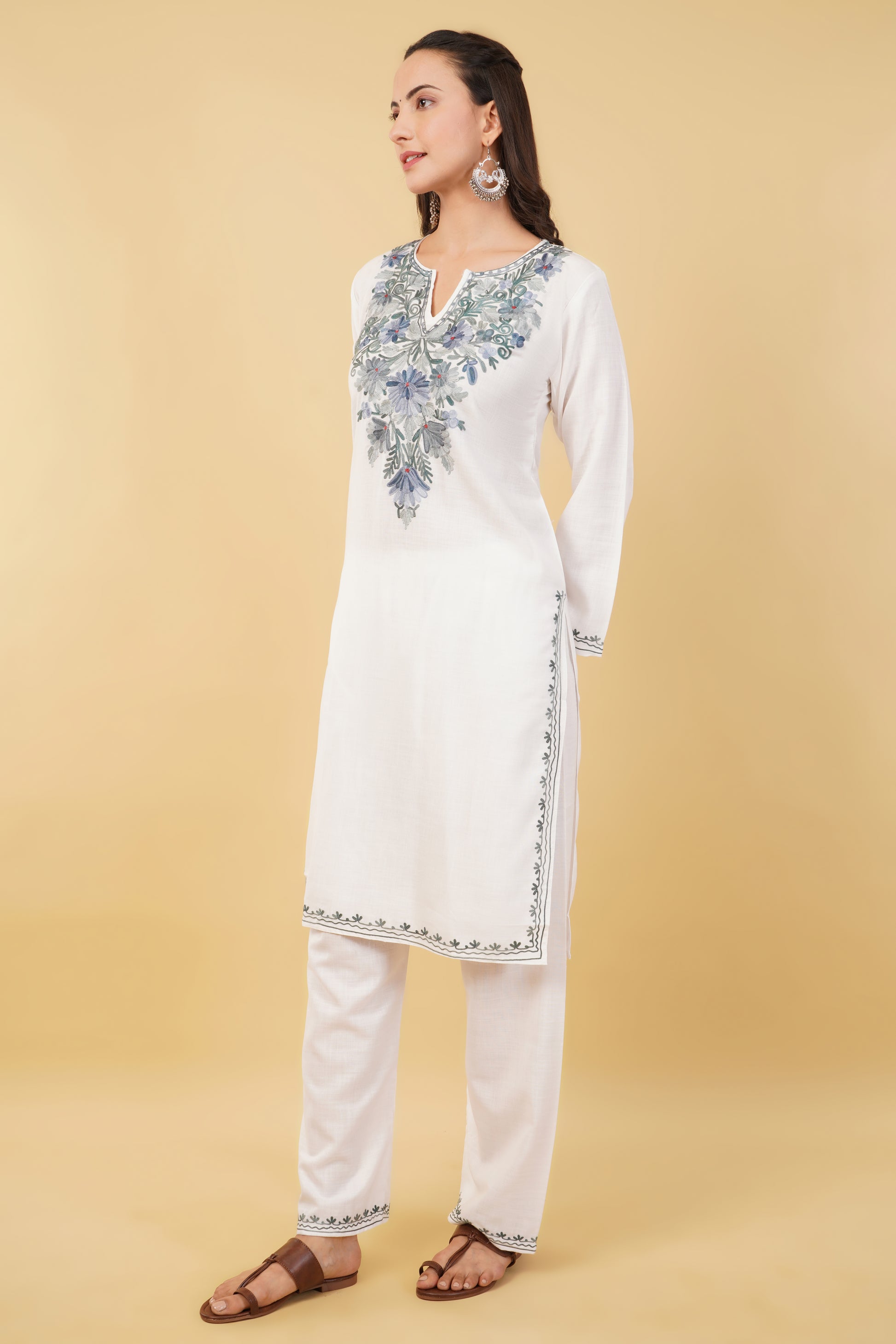 Kashmiri Aari embroidery Cotton Co-ord set Size-36 (White)