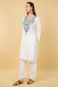 Kashmiri Aari embroidery Cotton Co-ord set Size-36 (White)