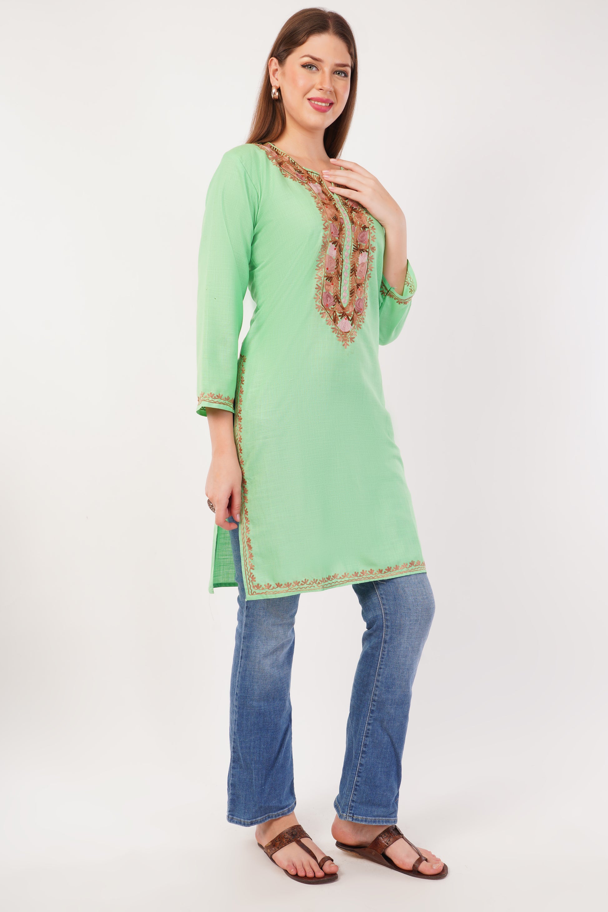 Kashmiri Aari embroidery Cotton Long Kurti Size-42 (Green)