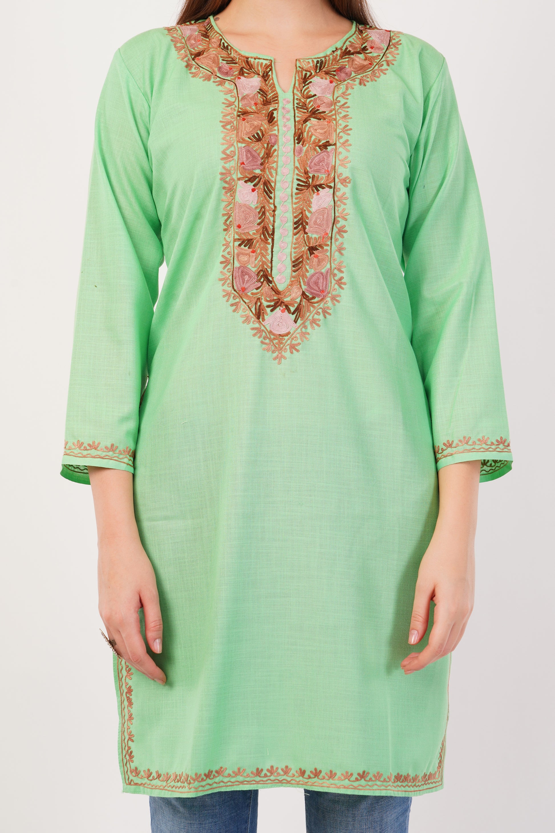 Kashmiri Aari embroidery Cotton Long Kurti Size-42 (Green)
