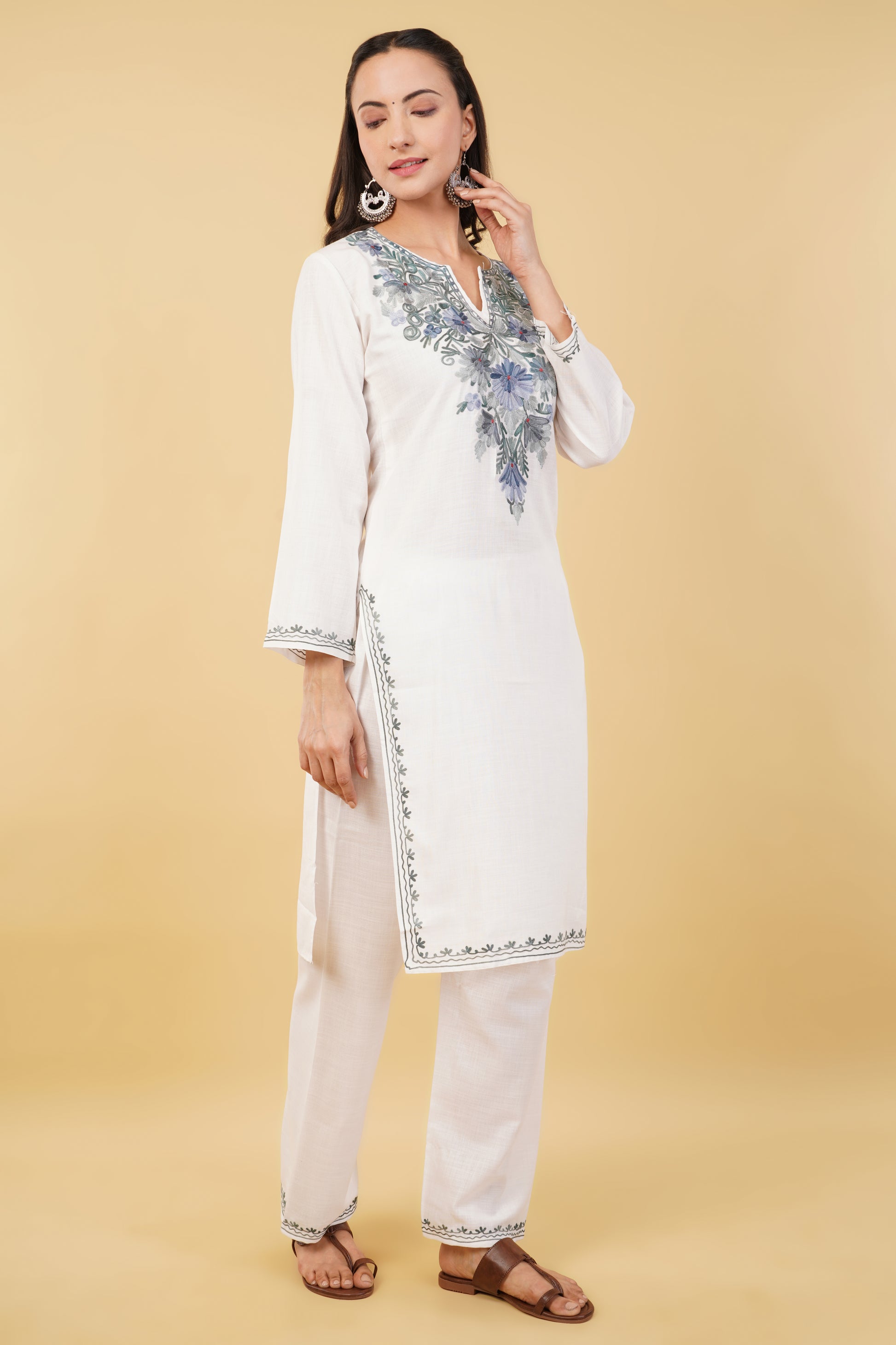 Kashmiri Aari embroidery Cotton Co-ord set Size-36 (White)
