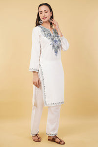 Kashmiri Aari embroidery Cotton Co-ord set Size-36 (White)