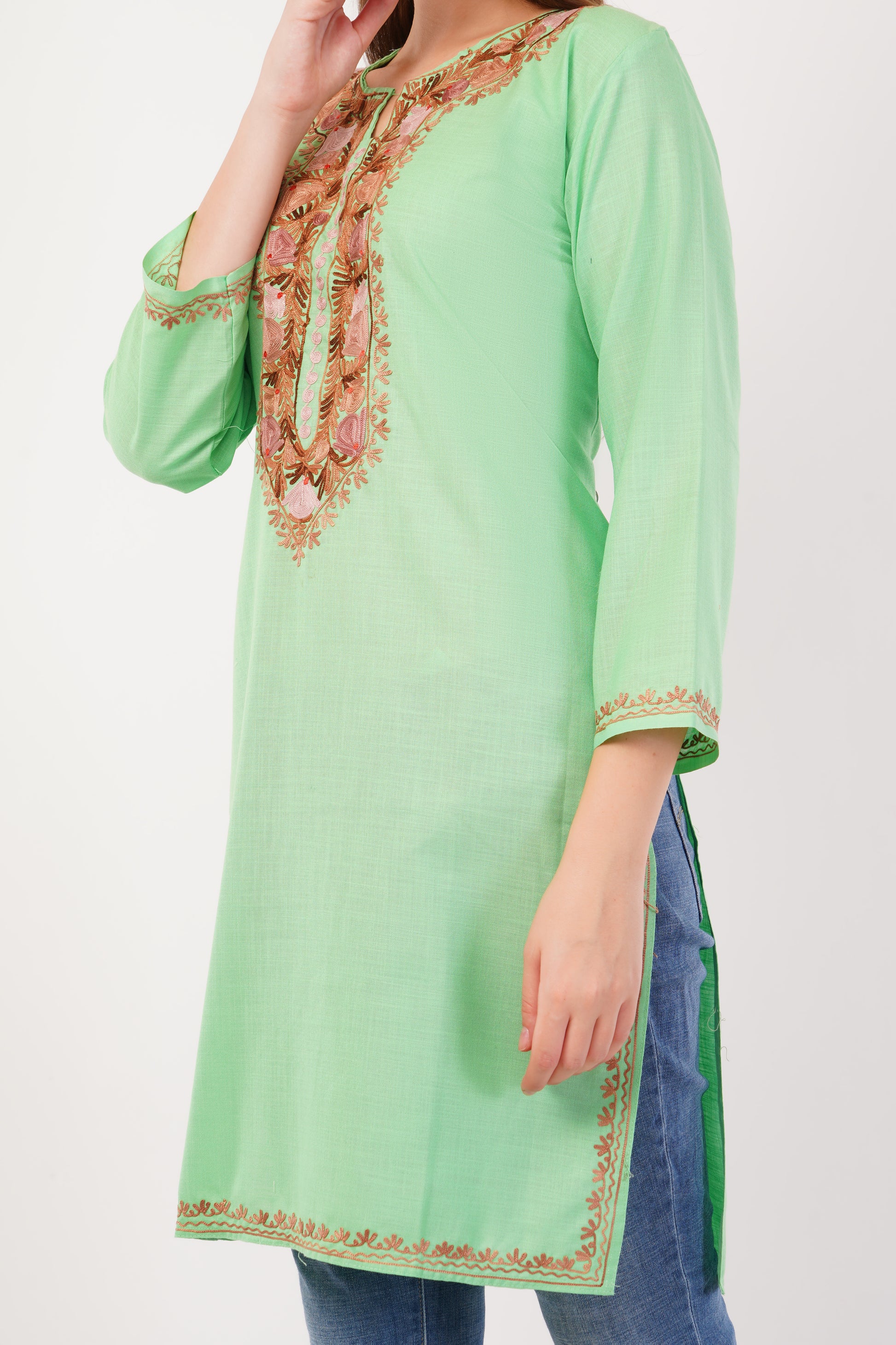 Kashmiri Aari embroidery Cotton Long Kurti Size-42 (Green)