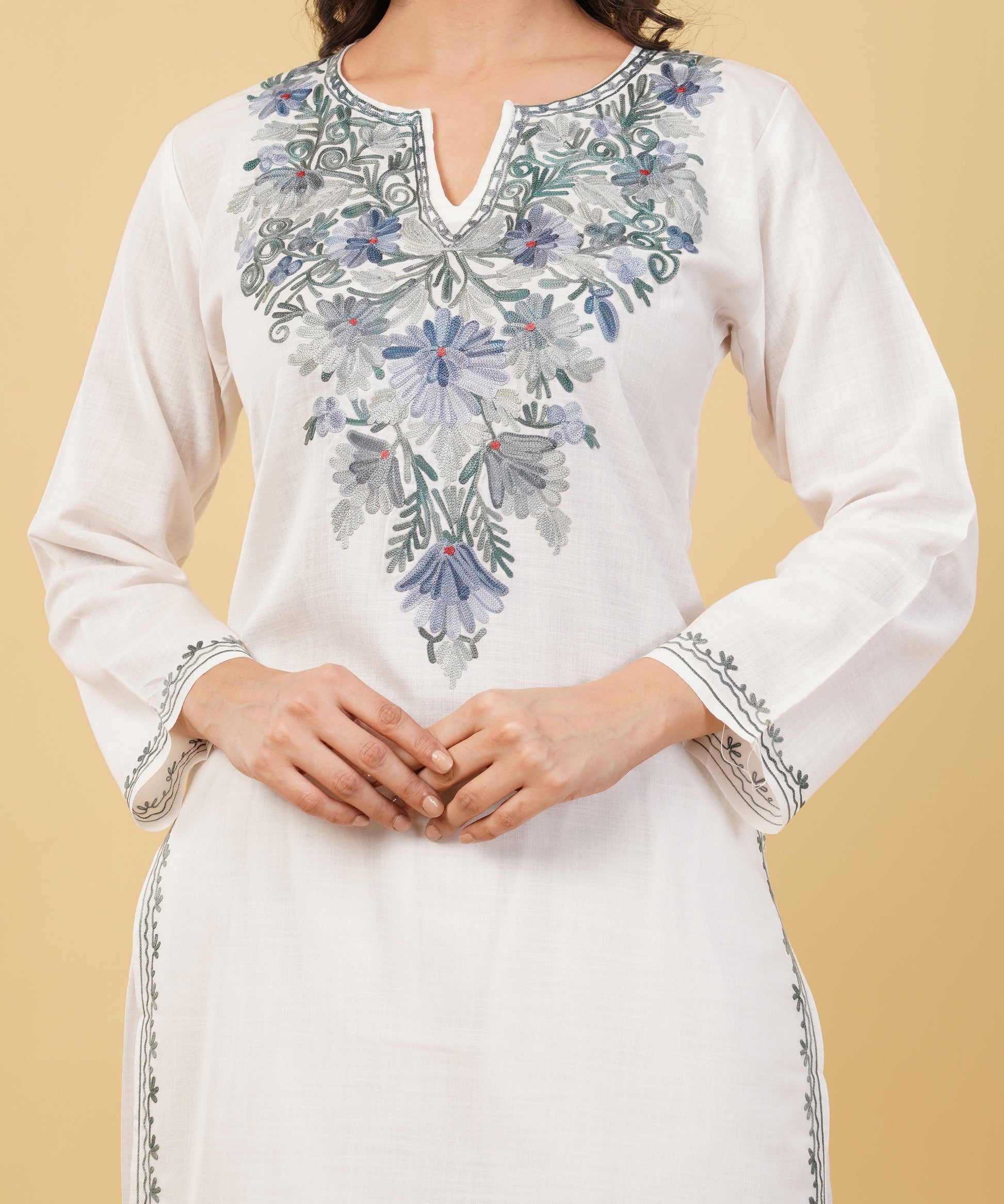 Kashmiri Aari embroidery Cotton Co-ord set Size-36 (White)