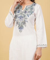 Kashmiri Aari embroidery Cotton Co-ord set Size-36 (White)