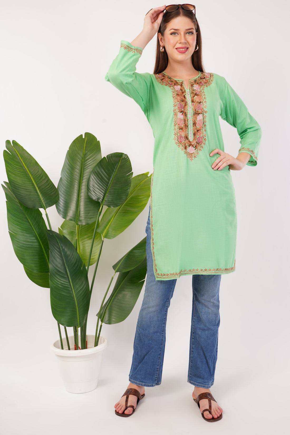 Kashmiri Aari embroidery Cotton Long Kurti Size-42 (Green)