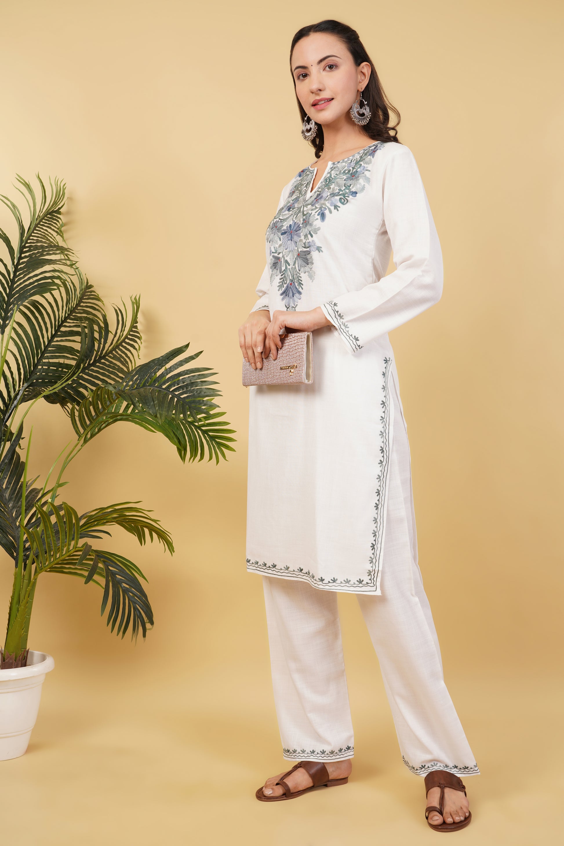 Kashmiri Aari embroidery Cotton Co-ord set Size-36 (White)