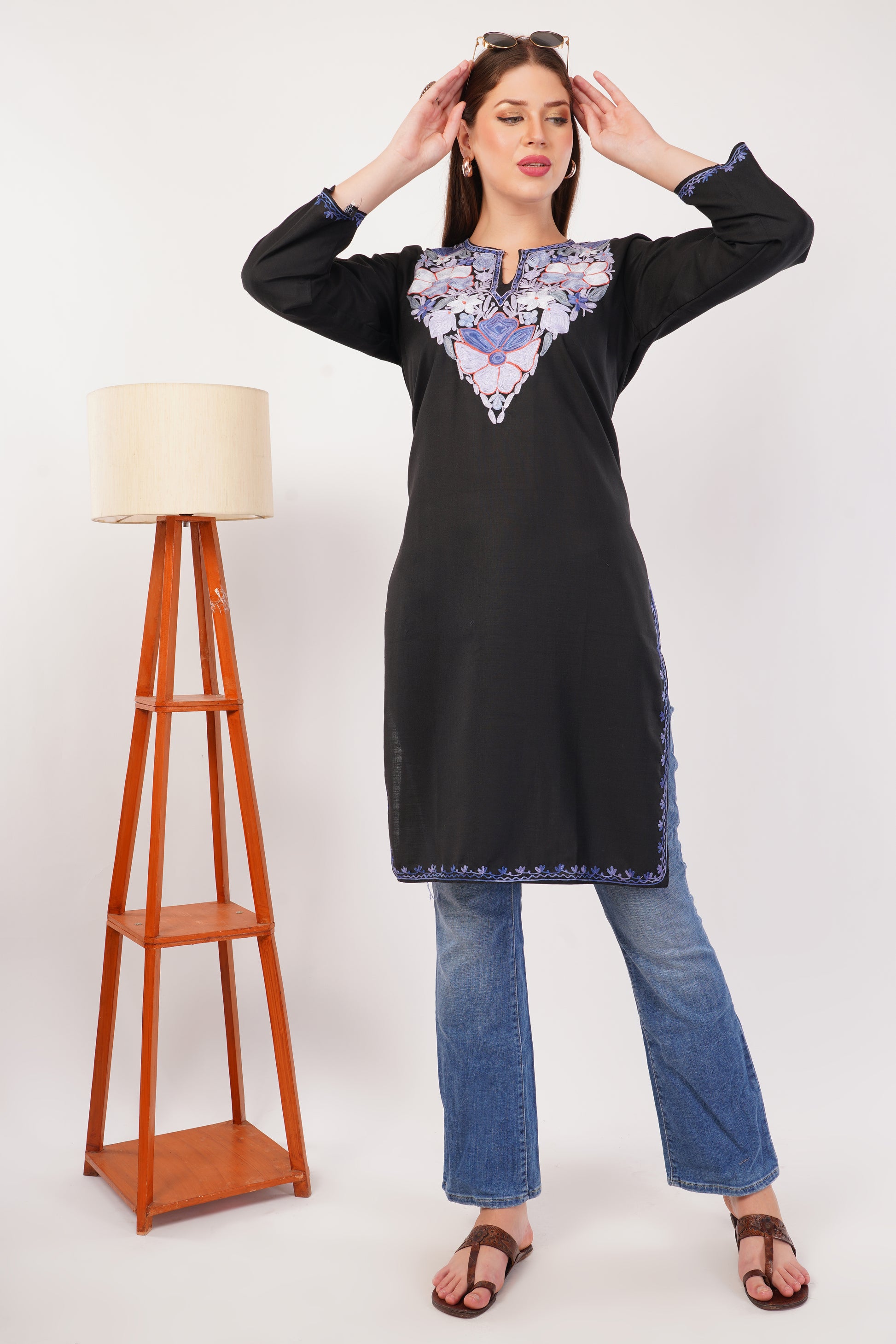 Kashmiri Aari embroidery Cotton Long Kurti Size-42 (Black)